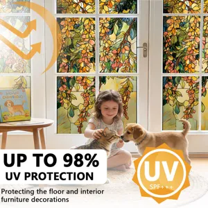 Decorative window film with vibrant floral stained glass design for home and office decor.