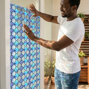 3D Ingeluchte Statische Raamfolie Blauw Bloemen Glassticker voor Huisdecoratie