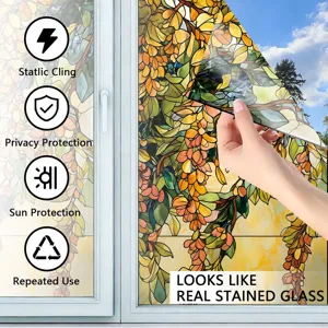 Stained glass window film detail showing floral pattern and easy peel static cling feature.