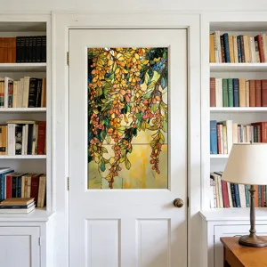 Stained glass window film decorative privacy sticker for home glass door, autumn leaf pattern.