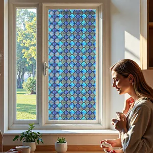 Gedetailleerd overzicht van 3D en behandelde blauwe bloemen raamfolie met glas-in-lood effect.