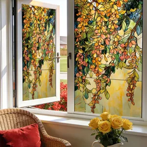 Decorative window film with vibrant floral stained glass design for home privacy and glass decor.