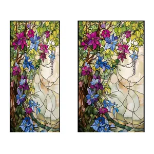 Stained glass window film detail, elegant floral pattern, static cling decorative glass sticker.