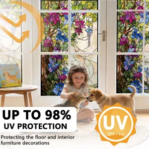 Decorative window glass film with floral stained glass design for privacy and UV protection.