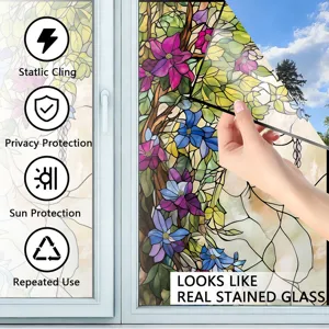 Decorative window privacy film with stained glass floral pattern for home and office decor.