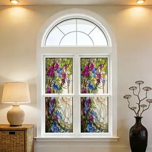 Decorative stained glass window film for home privacy, static cling floral window sticker.