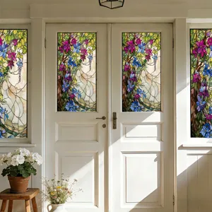 Stained glass window film with colorful floral pattern, static cling decorative glass decal.