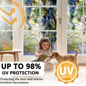Detailed view of stained glass window film, static cling decorative glass sticker for home decor.
