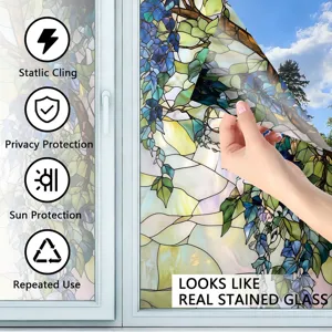 Detail view of decorative stained glass window film, static cling privacy film for home.