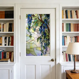 Detailed view of stained glass wisteria window film creating elegant home privacy and decor style.