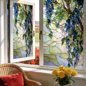Stained glass window film with wisteria flower pattern, static cling privacy home decor.