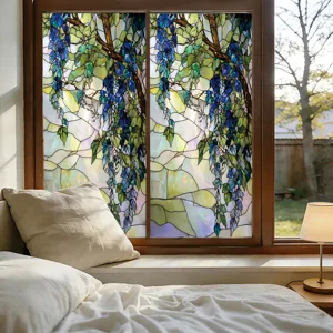 Decorative stained glass window film with floral wisteria design for home bedroom decoration.