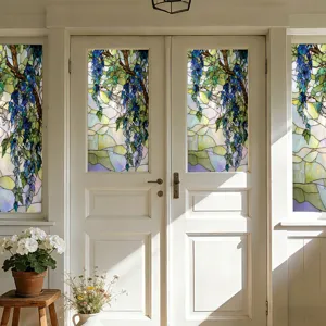 Detailed view of wisteria stained glass window film, decorative glass sticker for home doors.