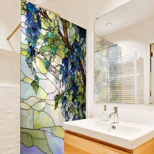 Decorative stained glass window film with floral wisteria pattern for home bathroom decor.