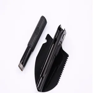 Detailed view of the portable folding camping shovel handle and serrated blade components.