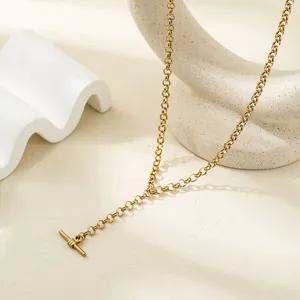 Stainless Steel T-Bar Pendant Necklace 18K Gold Plated Toggle Clasp Link Chain Minimalist Clavicle Necklace Jewelry For Women Men