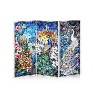 Mini paravent pliant en acrylique translucide déco bureau avec paon et fleurs.
