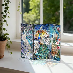 Mini paravent plié en acrylique translucide pour décoration de bureau au design de paon.
