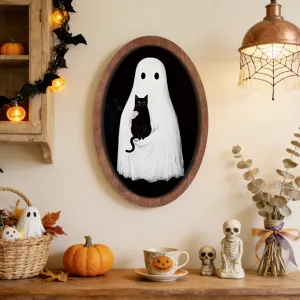 Halloween Geist und schwarze Katze ovales Holzrahmen Wandkunst Detail Dekoration.