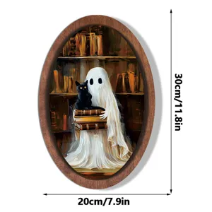 Halloween ghost and black cat wooden hanging sign vintage photo frame wall decor item.