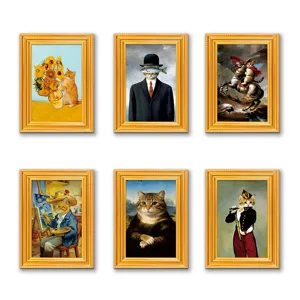 Funny cat art wooden photo frame fridge magnets, set of 6 classical painting decor.