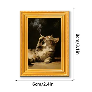 Funny cat oil painting wooden photo frame fridge magnet, vintage home decor detail view.