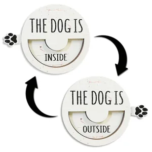 Wooden dog status reminder sign with rotating magnetic slide design and cute paw print.