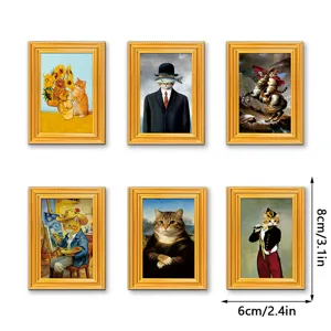 Creative cat famous painting fridge magnets 3d wooden photo frame home decor set of 6