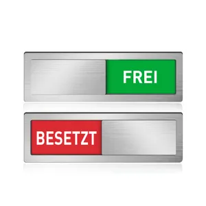 Office door status slider indicator detail view, acrylic and metal design with free and busy.
