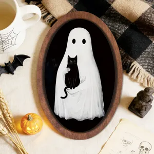 Halloween Holz Fotorahmen mit niedlichem Geist und schwarzer Katze, vintage Wanddeko.