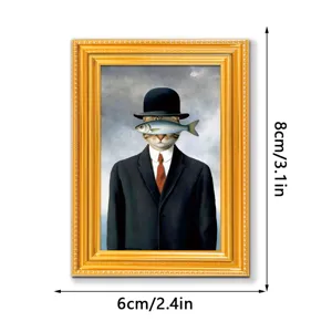 Funny surreal cat portrait wooden picture frame refrigerator magnet home decor 8x6cm