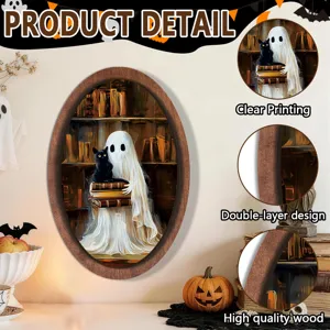 Halloween ghost wooden picture frame vintage wall decor featuring black cat design.