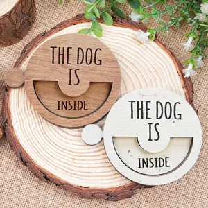 Wooden magnetic pet status sign detail, rotatable dog reminder sign for home, round wooden sticker.