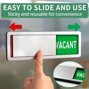 Close up detail of office sliding status sign indicator with magnetic acrylic design.