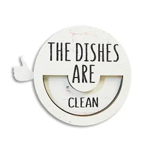 Wooden magnetic dishwasher status indicator sign detail view showing clean text and rotation mechanism.