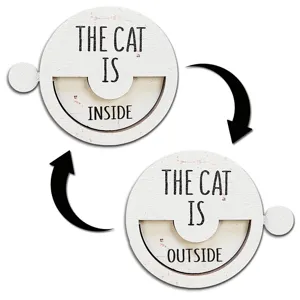 Wooden pet status sign detail showing inside and outside sliding states for home door decor.
