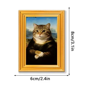Funny cat Mona Lisa wooden photo frame fridge magnet, detailed size 8x6cm home decor.