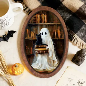Halloween vintage wooden photo frame painting ghost black cat wall decor festival sign hanging