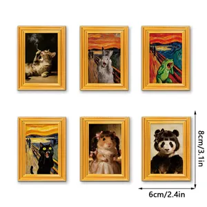 Miniature wooden photo frame fridge magnets with funny classic art parody designs for home decor.