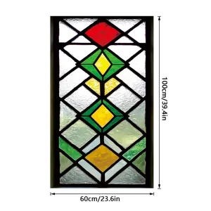 Stained glass window film with colorful geometric diamond pattern, static cling sticker.