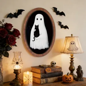 Halloween Geist Katze Holz Bilderrahmen Vintage Wandbehang Feiertags Deko Schild 1Stk