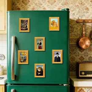 3D wooden fridge magnets featuring funny cat art paintings, perfect for home kitchen decor.