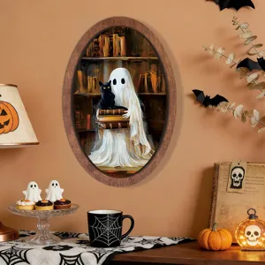 Halloween ghost wooden picture frame hanging sign vintage wall decor for spooky party.