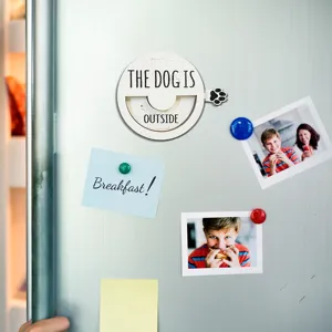 Wooden magnetic pet status sign detail view, rotatable indoor reminder home decor accessory.