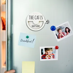 Wooden magnetic cat status sign for fridge, cute rotatable pet reminder home decor magnet.