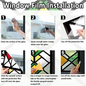 Step-by-step installation guide detail for static cling decorative window glass film.