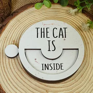 Wooden cat status sign, magnetic rotatable pet reminder board, cute home decor item.