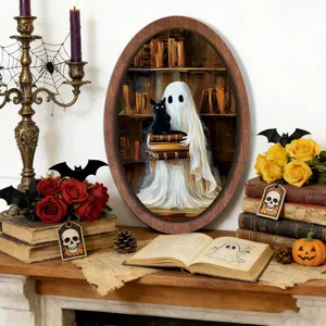 Halloween ghost wooden picture frame wall decor vintage art plaque with spooky cute design.