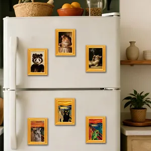 3D wooden photo frame fridge magnets featuring funny animal parody art for home kitchen decor.