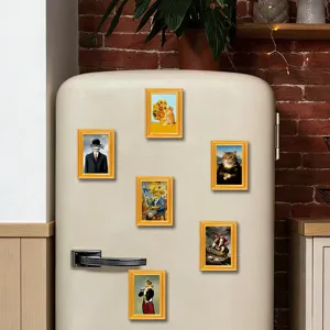 Funny cat fridge magnets with gold wooden frames, vintage art canvas decor stickers for kitchen.